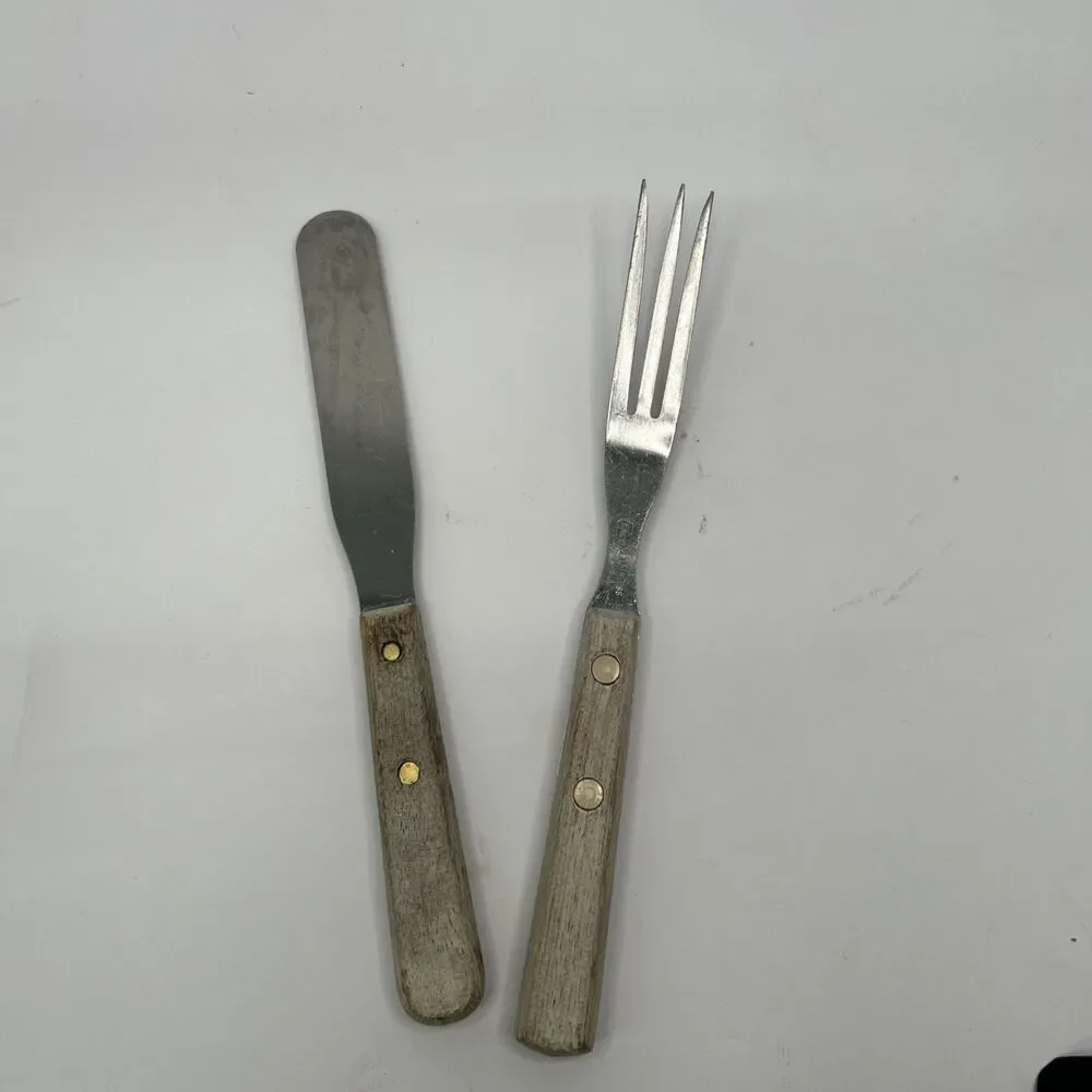 EKCO Stainless USA Wood Handle 3-Prong Granny Fork Spreader Set
